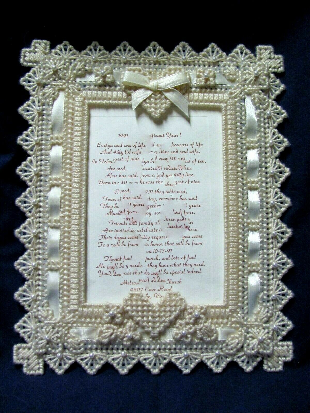 Finished Needlepoint Hanging Picture Frame Ecru & Pearls & Ribbon Hearts Flowers