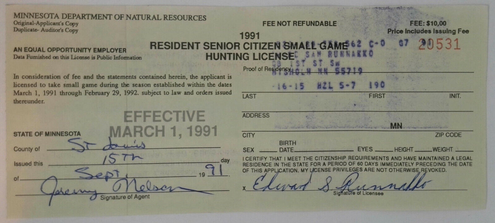 1991 Chisholm Minnesota Resident Senior Small Game Hunting License Tag