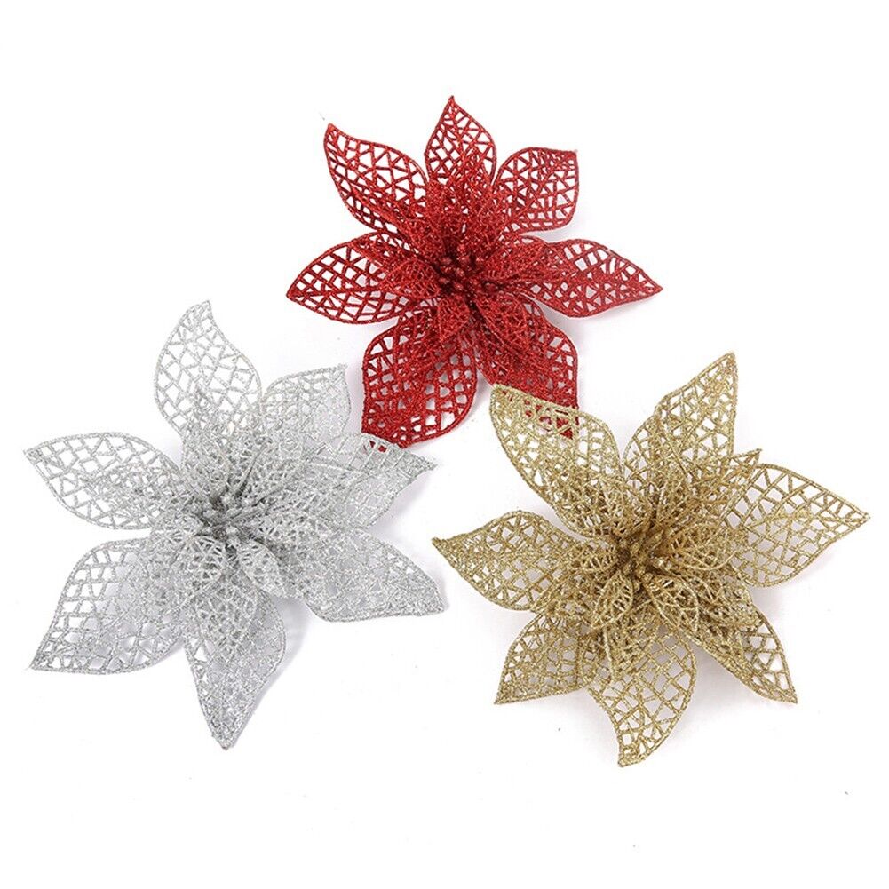 10pc Christmas Pint Glitter Sparkling Artificial Flower Christmas Tree Party Dec