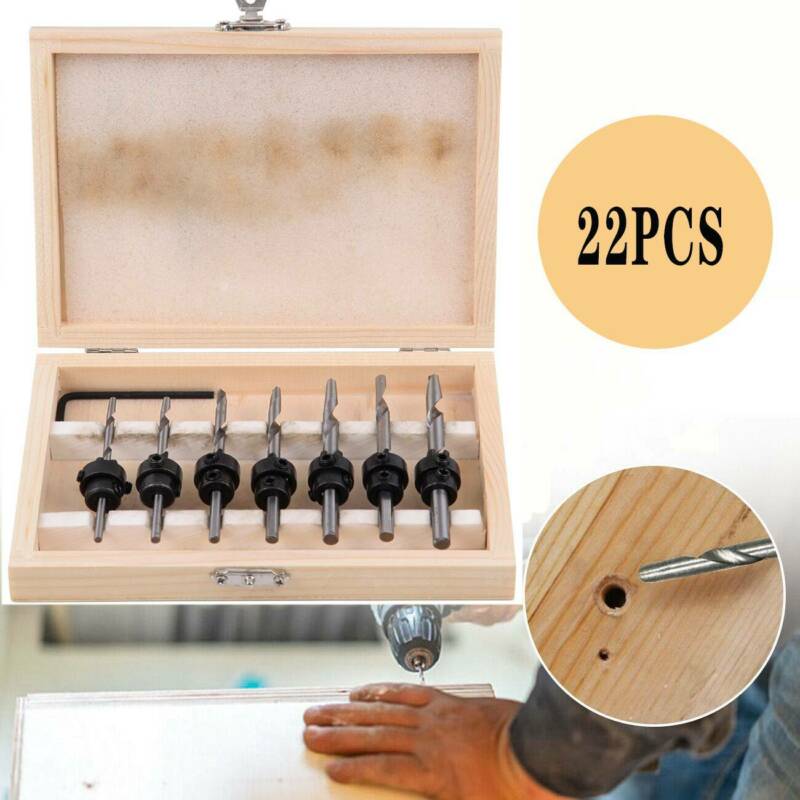 22pc Tapered Drill & Countersink Bit Screw Set Wood Pilot Hole Woodworking Tool