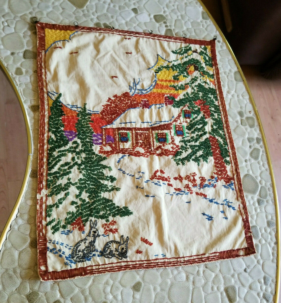 Vintage Embroidered Needlepoint Snowy Cottage Scene Dated 1941 Ready To Hang