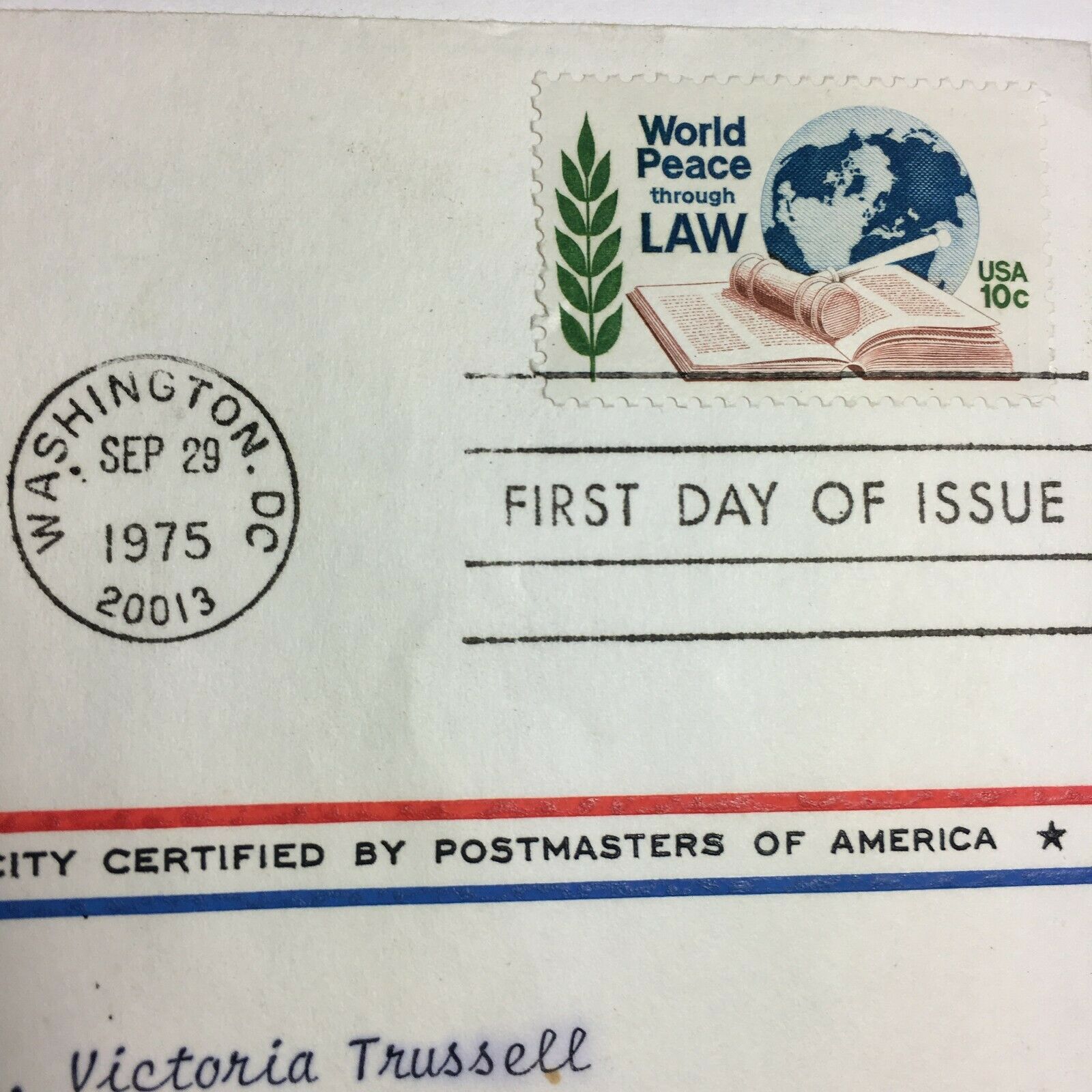 Vtg Stamp 1975 First Day Of Issue World Peace Through Law Washington D.c.