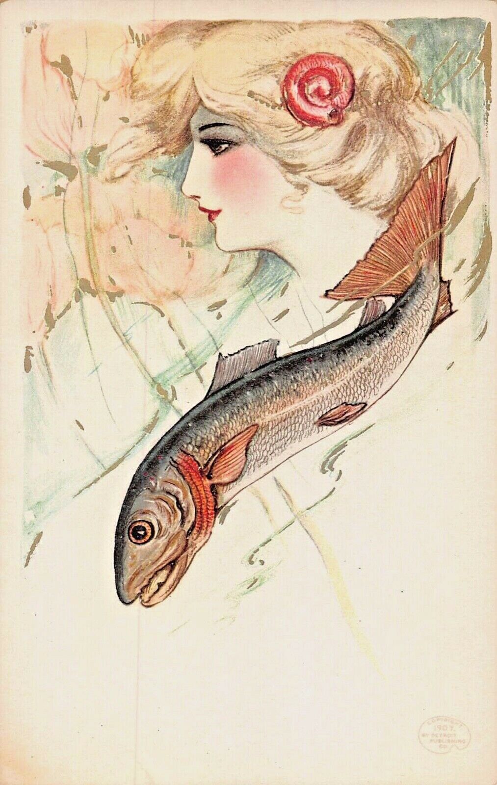 Mermaid Lovers Series~salmon Fish-samuel Schmucker Artist Fantasy Postcard