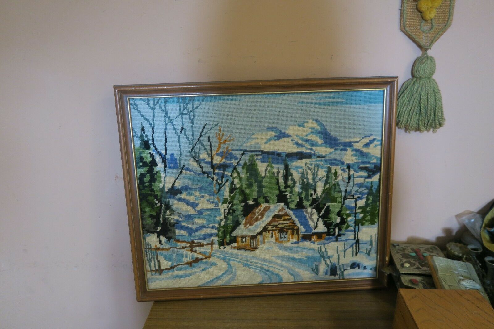 Vintage Hand Made Finished Needlepoint Cabin Snow mountain  Framed  15
