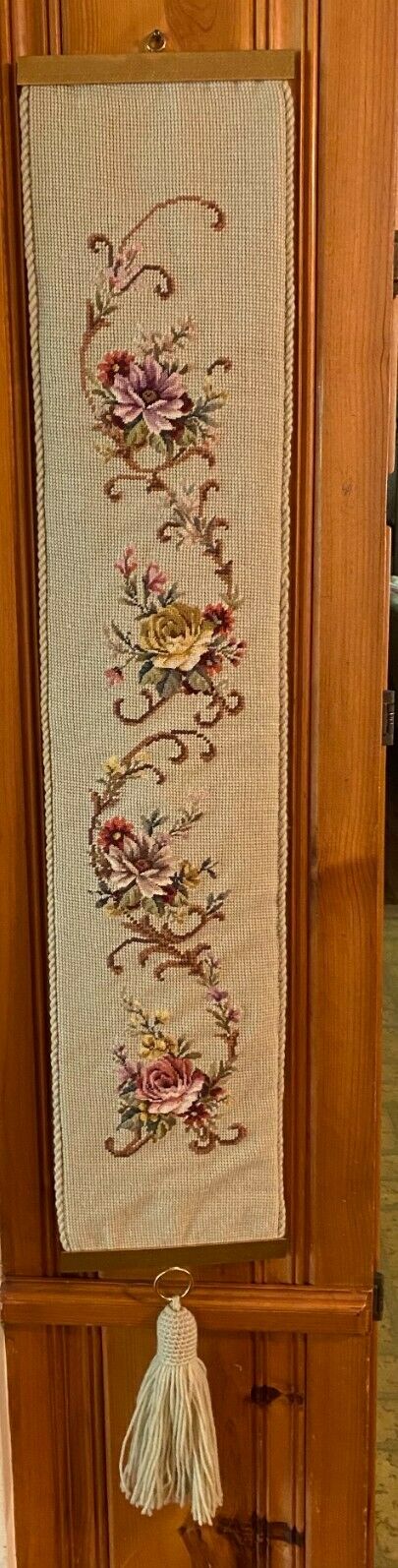 Vintage Needlepoint Floral Tapestry with Ornate Scroll Design Bell Pull
