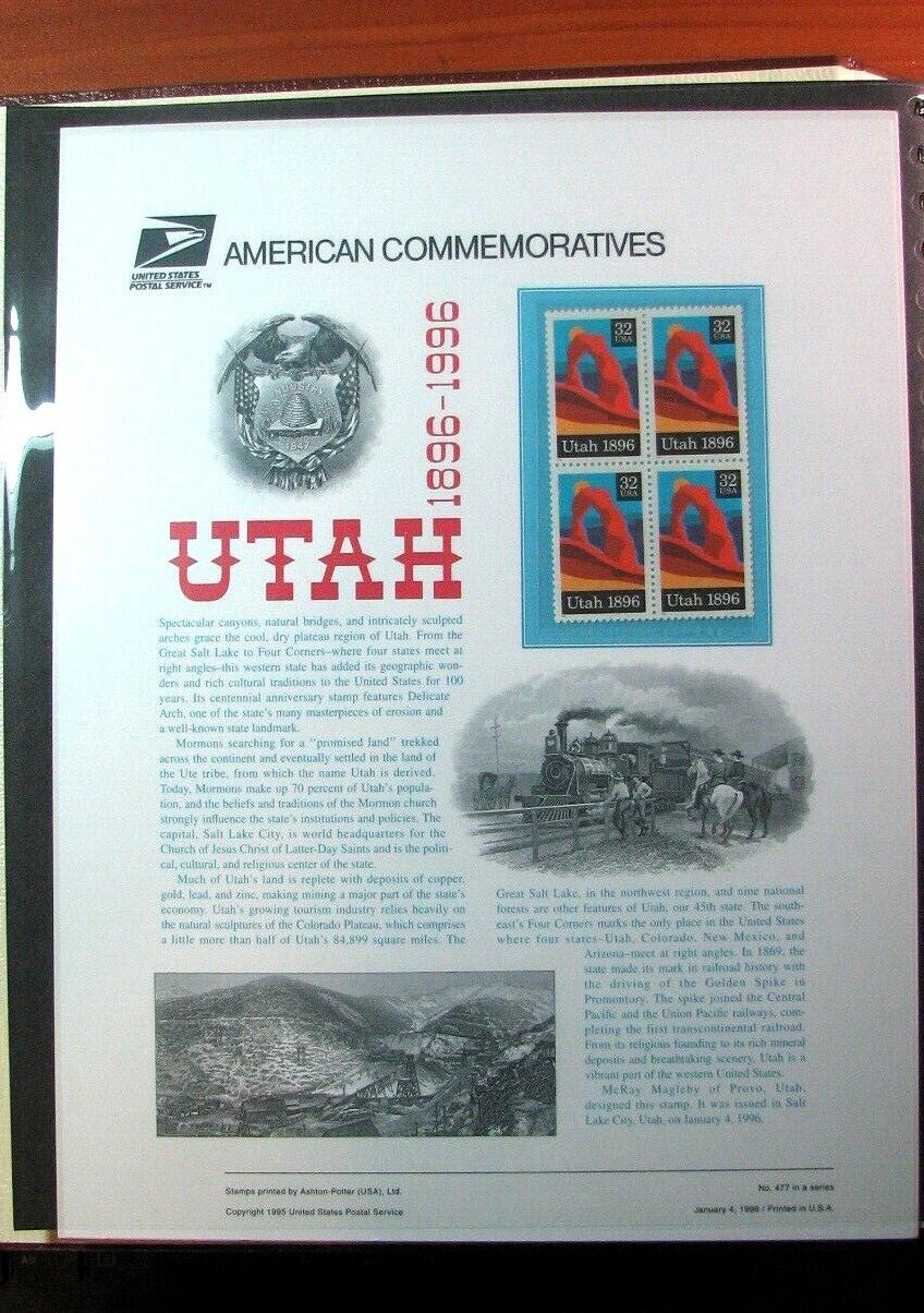 Us Commemorative Panel Scott# 3024 Utah  1996 H258