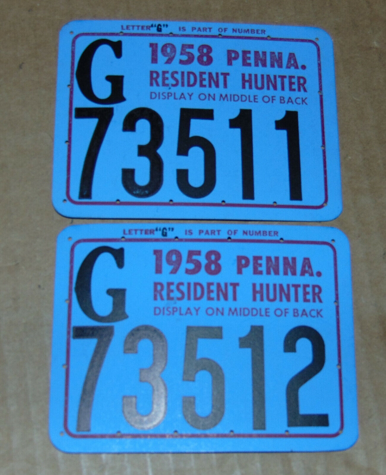 Pair Of 1958 Pennsylvania Hunter License Back Tags Consecutive Numbers