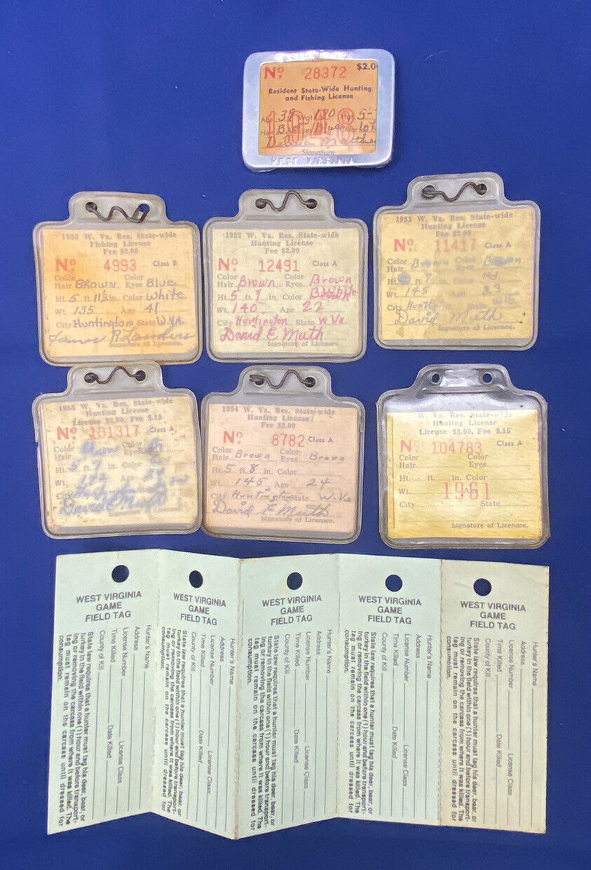 Vtg Lot 7 West Virginia Wv Hunting Fishing Licenses 1948 1950's 1961 Game Tags