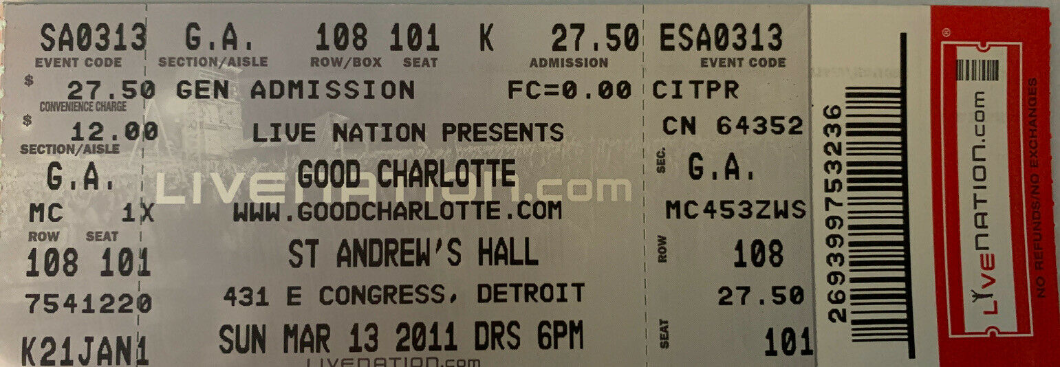 Good Charlotte Full Unused Ticket 3/13/11 St Andrew's Hall Detroit MI