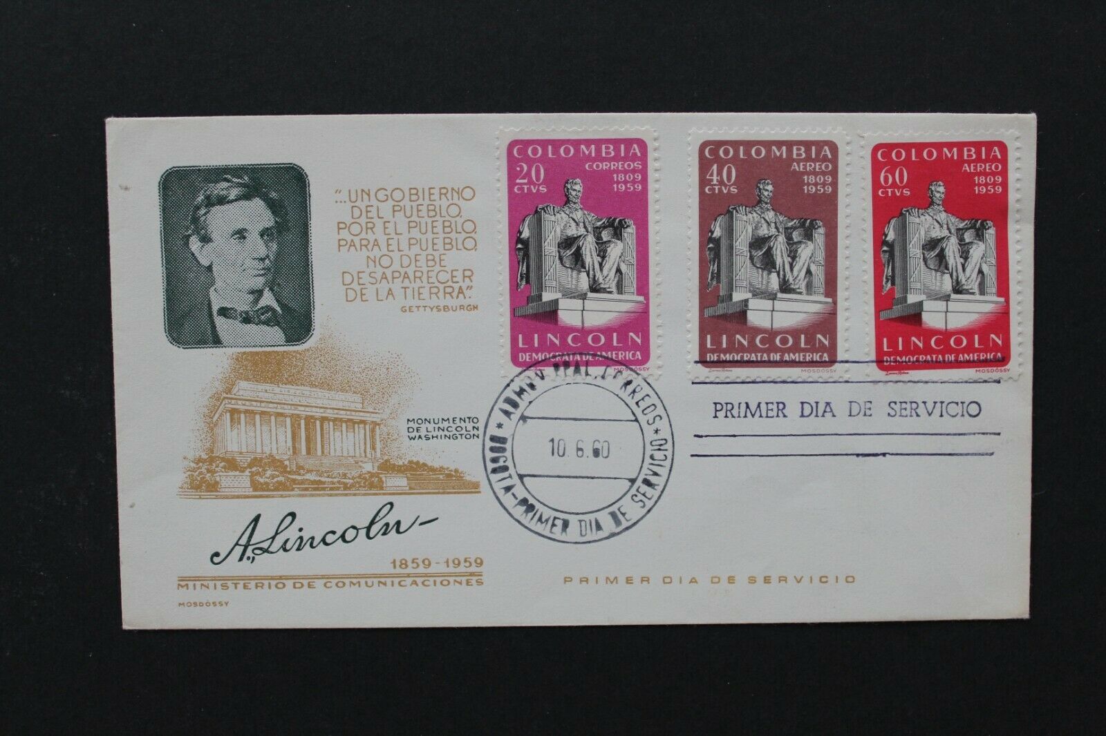 Sc29 Colombia 1960 Fdc The 150th Anniv. Of The Birth Of Abraham Lincoln