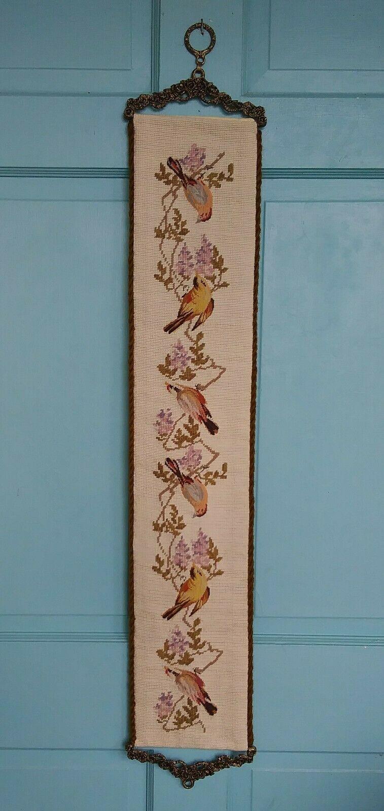 Needlepoint Petit Point Bell Pull Brass Hardware Floral Lilacs Birds Vintage