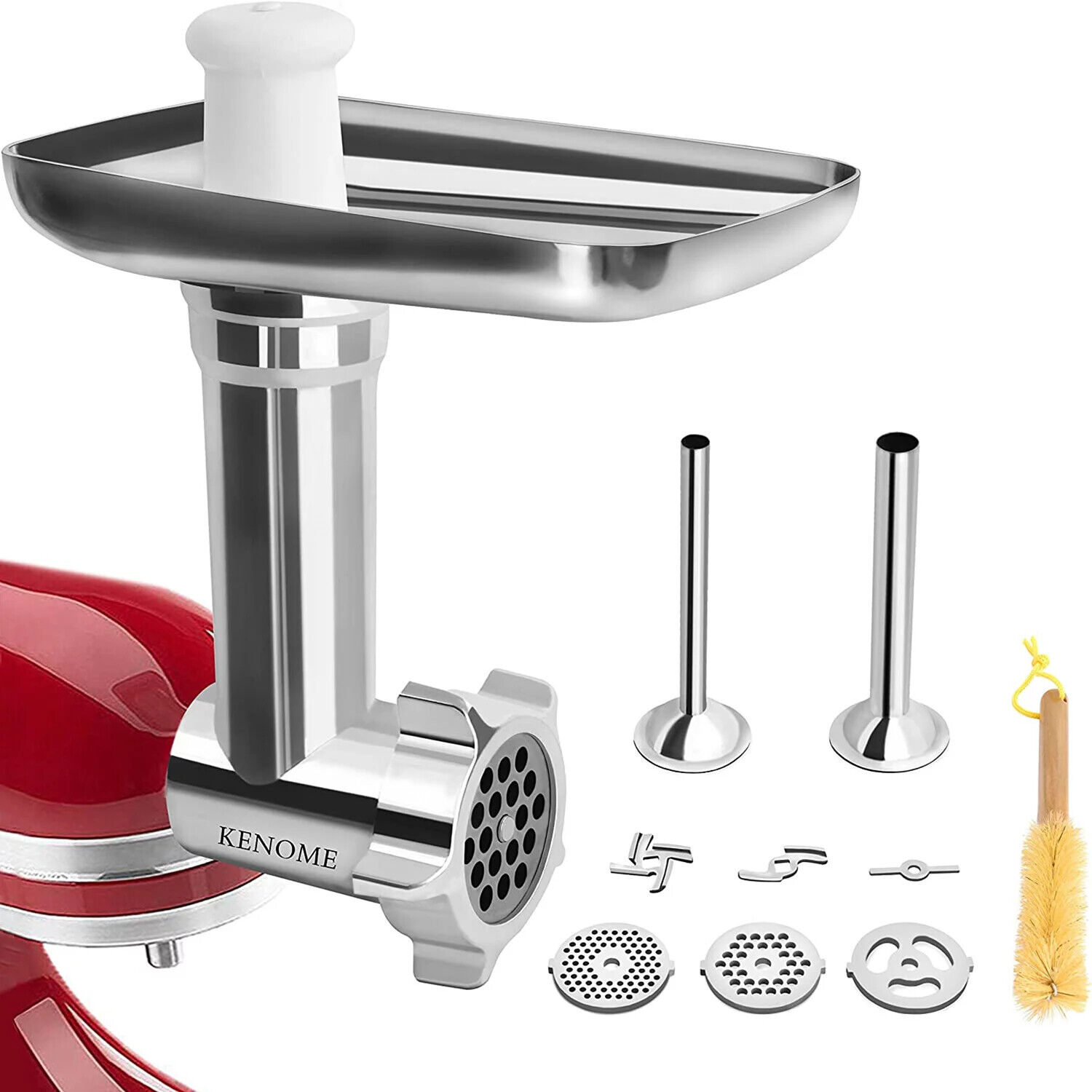 KENOME Metal Food Grinder Attachment,Includes 2 Sausage Stuffer Tubes,Silver