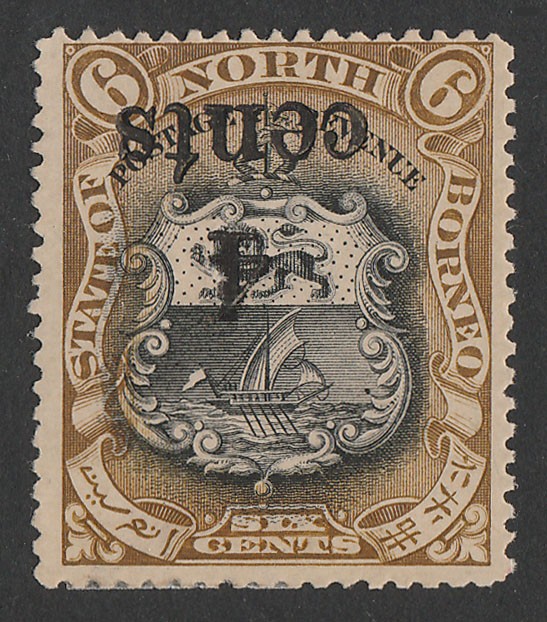 NORTH BORNEO 1904 '4 CENTS' Arms 6c, error overprint INVERTED.
