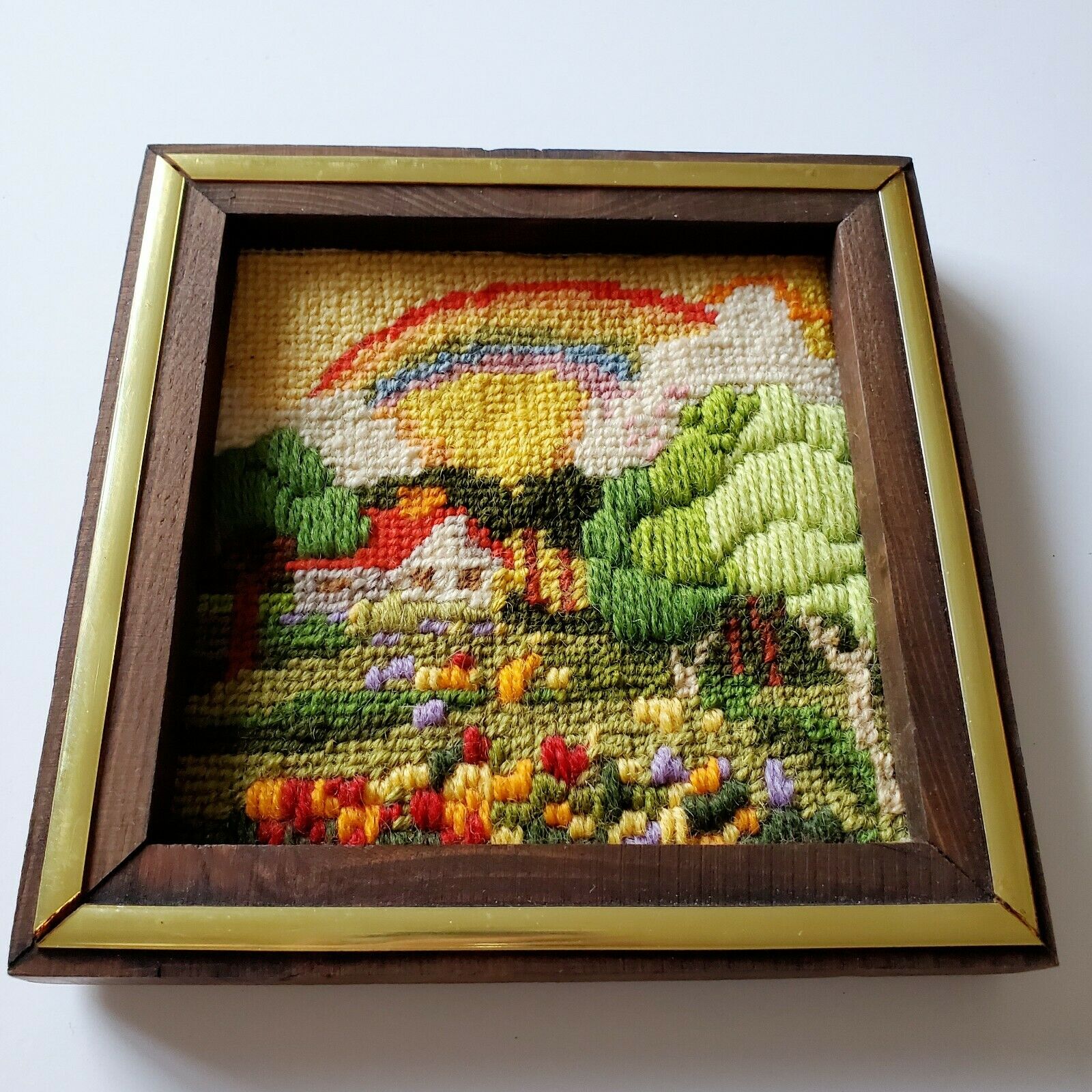 Vtg Crewel Needlepoint Framed Picture Rainbow House Sunshine Trees Flowers