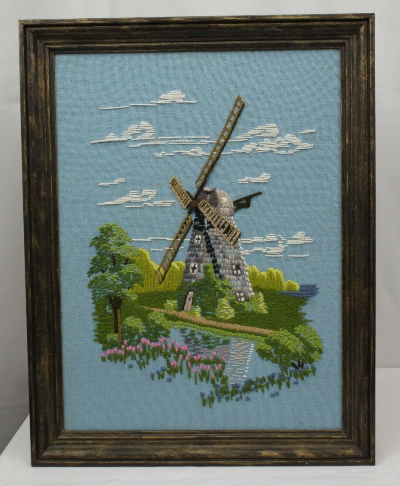 Vtg Completed Embroidery Picture Petticoat Dutch Windmill Framed Tulips Crewel