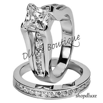 Women's Stainless Steel Princess Cut Aaa Cz Wedding Ring Set Size 5,6,7,8,9,10