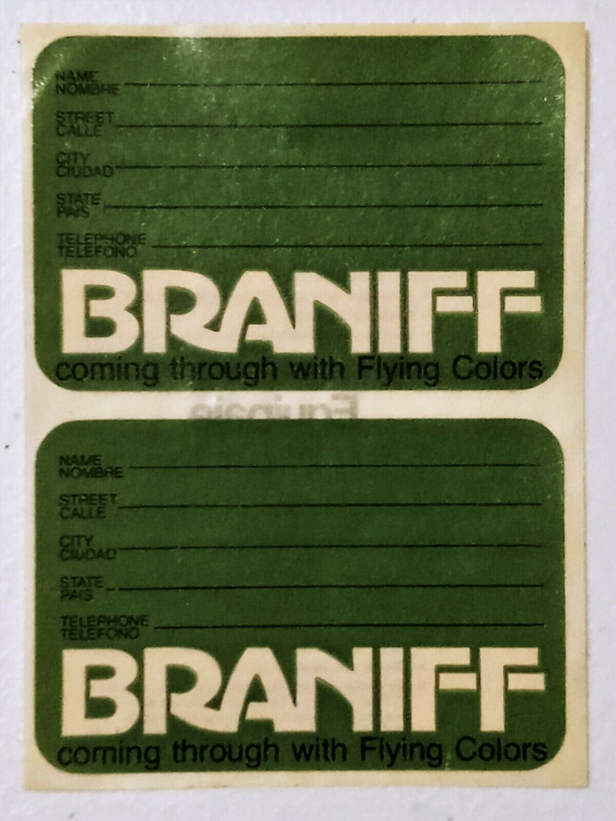 Brandiff Coming Through With Flying Colors Luggage Label (2) set NOS