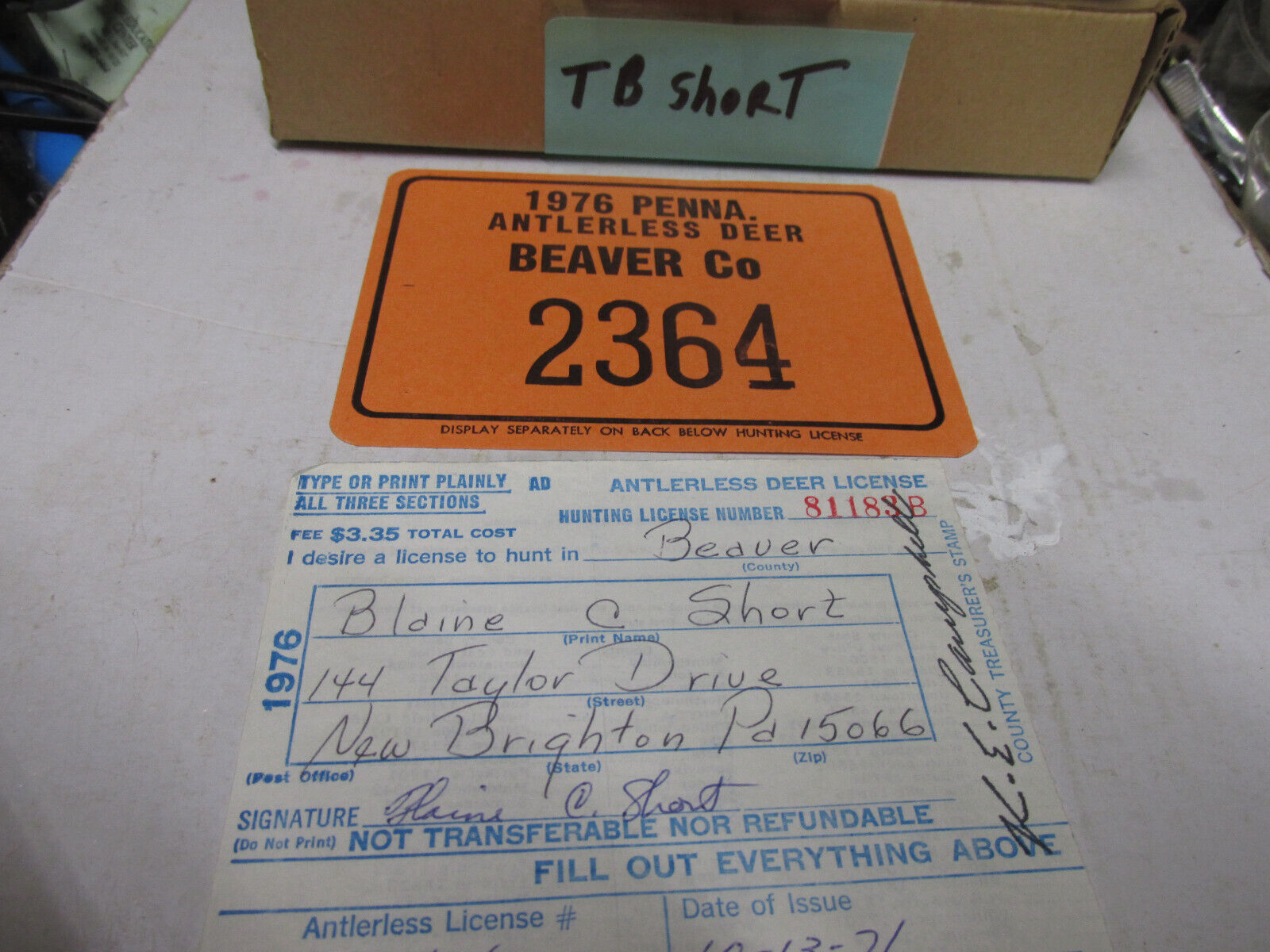 [TBshort] 1976 Pa resident Beaver county, antlerless hunting license,