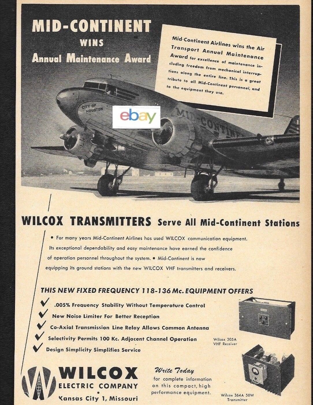 Mid-continent Airlines 1947 Douglas Dc-3 City Of Houston Wilcox Electric Ad