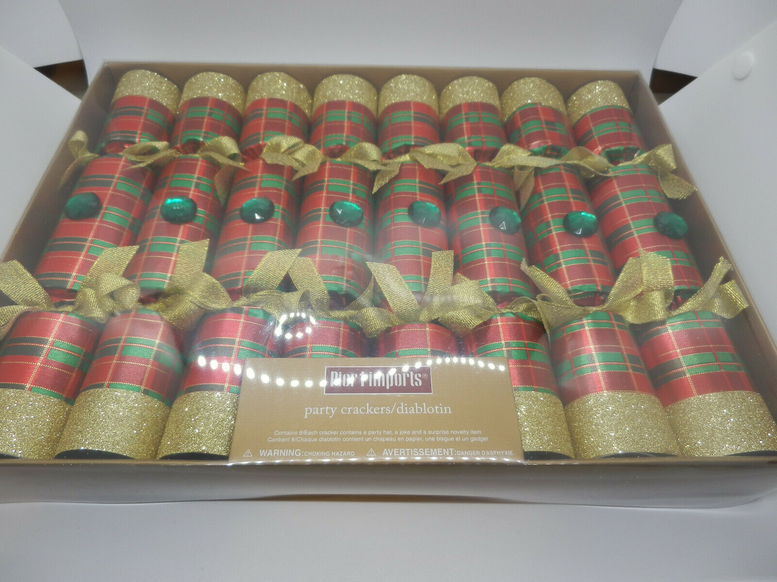 Pier 1 Imports 8 Pc Christmas Holiday Party Crackers Red Green Plaid Glitter Gem