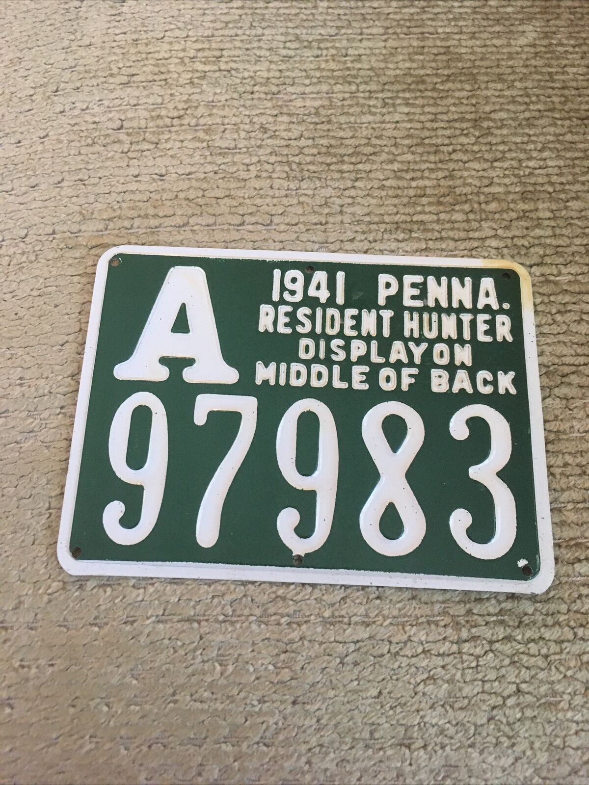 1941 A  Green Pennsylvania Hunting License, Penna Hunter Resident (pa Game Metal